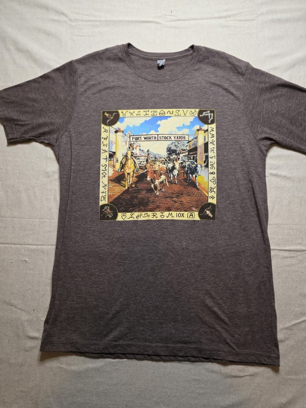 Fort Worth Stockyards Mens Large Brown Graphic T Shirt Texas Western Cowboy Tee